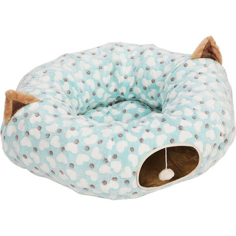 Lit tunnel pour chat avec tapis à motif cœur, pliable et rond, en forme de tube à 3 compartiments, avec balle de jeu pour chaton bleu (1/5)