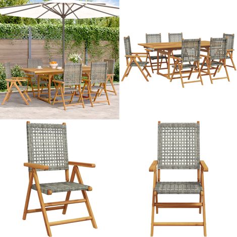 Ensemble à manger de jardin 7 pcs gris rotin et bois massif - Salon De Jardin - Mobilier De Jardin - Set De Table Extérieur - Chaise Pliante - Acacia Massif - Home & Living (1/5)