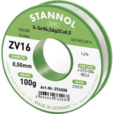 Stannol ZV16 Étain à souder sans plomb sans plomb Sn96,5Ag3Cu0,5 REL0 100 g 0.5 mm Q714332 (1/3)