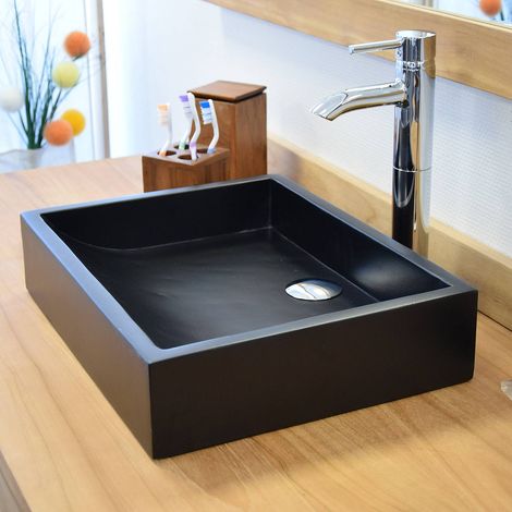 Vasque à poser effet béton noir – Dimensions L 45 x l 35 x h 10 cm – Pente d'écoulement pour confort d'utilisation – À poser sur meuble en teck – Ocean Line