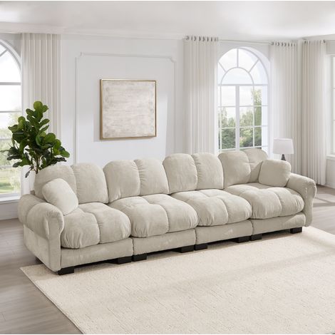Canapé droit modulable 4 places en chenille, design élégant, coussins épais ergonomiques, facile à monter, salon 330×86×90 cm, kaki clair (1/5)