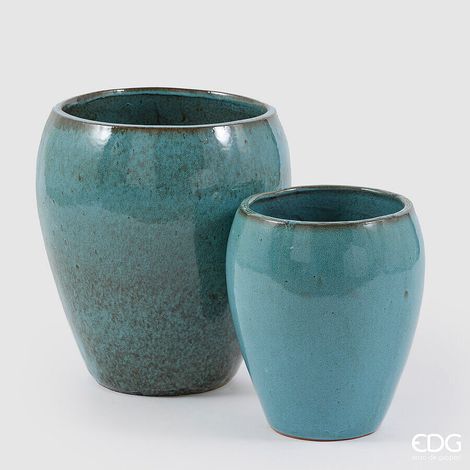 EDG Enzo De Gasperi Set 2 Pz Vaso Glaze Bombato H 42 Cm H 32 Cm Waterproof Turquoise