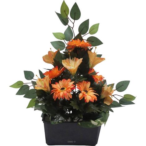 Jardinière fleurs artificielles gerbera, Alstromeria et Ficus Orange pour la Toussaint - couleur: Orange