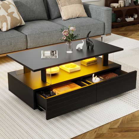 Table basse LED noire avec rangement, table de salon LED en acrylique, table d'appoint rectangulaire à deux niveaux avec contrôle via application mobile Bluetooth, idéale pour les fêtes et les bureaux (1/5)