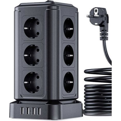 Rallonge multiprise avec surtension (4000W/16A), Tour Multiprise Electrique avec 4 Ports USB et 12 Prises, multiprise avec Interrupteur Individuel, 5M Cordon
