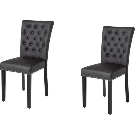 Lote de 2 sillas Chesterfield REGINA negras de cuero artificial capitoné – Respaldo alto con tachuelas y patas de madera de caucho (1/5)