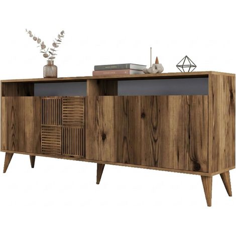 Credenza Falzes, Madia 2 Ripiani, 4 Ante, 6 Vani, 180x35x78h cm Marrone Noce