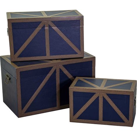 Set 3 Bauli Rettangolari in Similpelle e Legno Blu