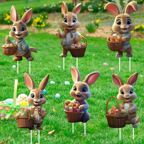 6 Pièces Piquets de jardin, Lapin de Pâques, Panneau creux, Résistant à l'humidité, Pour extérieur, Jardin, Fête de printemps (1/5)