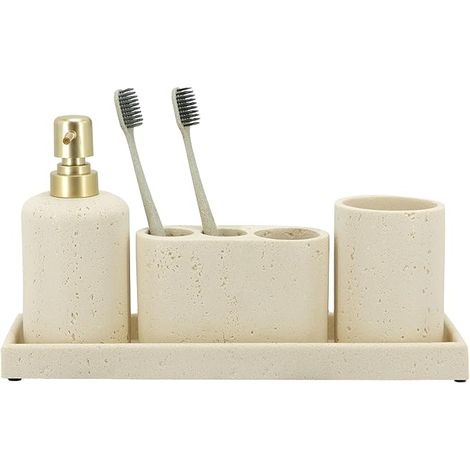 Lot de 4 Accessoires de Salle de Bain Noirs avec Distributeur de Savon, Porte-Brosse à Dents, gobelet de Salle de Bain et Plateau de Coiffeuse, Organisateur décoratif pour Plan de Travail (1/5)