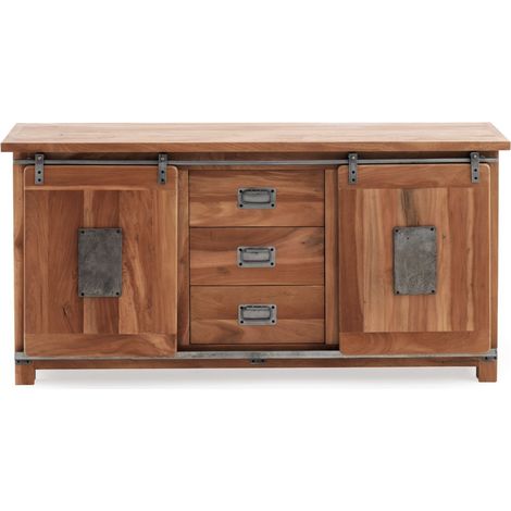 Aparador 2 puertas correderas y 3 cajones de madera maciza de acacia reciclada con patas de madera (1/4)