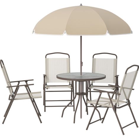Table Salon Jardin 6pcs Ronde + 4 Chaises Pliables + Parasol Acier Epoxy Beige Textilène Polyester 180x90x75cm