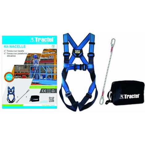 Harnais de sécurité antichute taille M – Kit complet avec longe 1,5m et sac de transport – Capacité jusqu'à 150kg – Normes EN 361 et EN 354 – Tractel