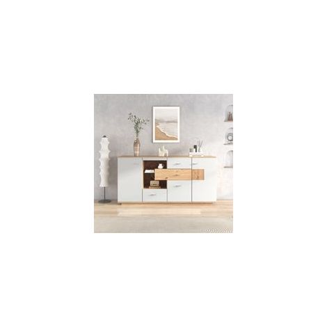 Buffet blanc et bois, buffet salon, buffet led avec 2 portes et 4 tiroirs, étagère en verre, 160x40x77 cm (1/5)