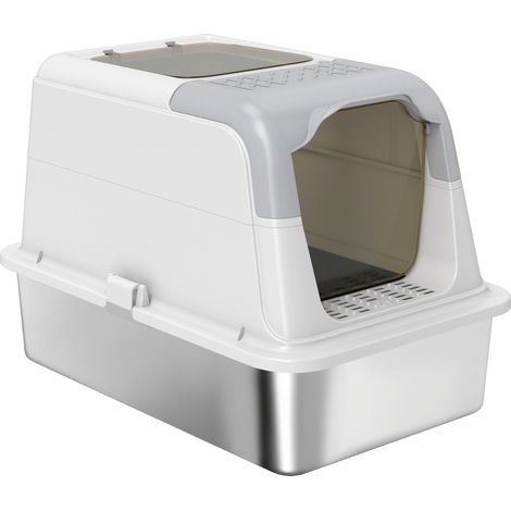 Bac à litière fermé pour chat en acier inoxydable nettoyage facile 60,4 x 40,4 x 41,8 cm blanc