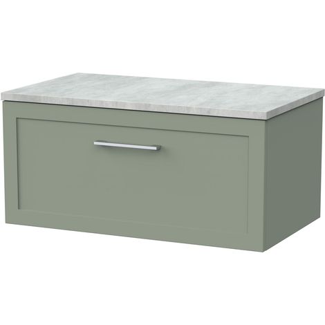 Stonnall Traditional Wall Hung 1 Drawer Vanity Unit with Bellato Grey Laminate Worktop, 800mm, Reed Green