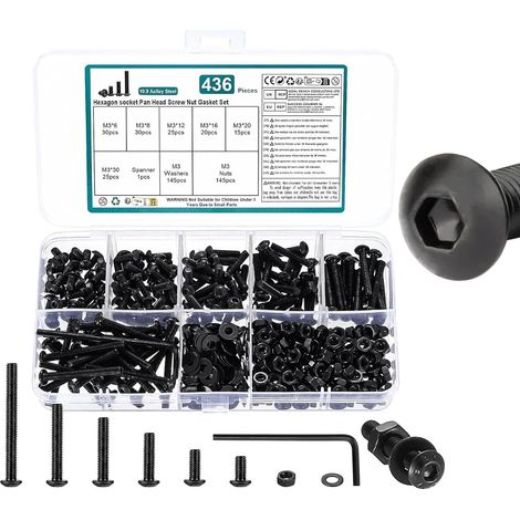 436 Pcs Vis et écrous, M3 Vis Boulons et écrous, Vis et Boulon et Rondelles Set, Vis à Tête Hexagonale, Assortiment Kit, Visserie Boulons Vis à Six Pans Creux à Tête Ronde pour Réparation, Noirs (1/5)