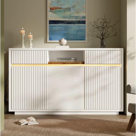 Buffet blanc avec LED 140 x 40 x 85 cm, 2 tiroirs et 3 portes, OKWISH (1/5)