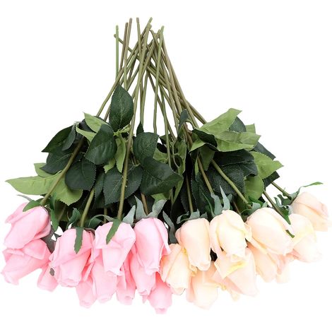 Lot de 24 roses artificielles réalistes en tissu de soie rose et champagne, décoration romantique pour mariage, anniversaire ou autre occasion spéciale. (1/5)
