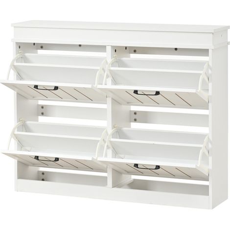 Zapatero moderno de MDF blanco 105 x 24 x 83 cm con 4 puertas abatibles y 8 compartimentos (1/5)