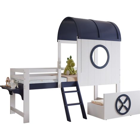 CHICFURN Letto a casetta 90x200 cm in legno bianco e blu navy con contenitore, senza materasso (1/5)