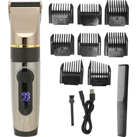 Tondeuse à cheveux USB avec écran LCD étanche, batterie lithium 2200 mAh et 8 peignes de guidage inclus. (1/5)