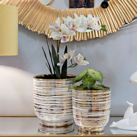 Set van 2 vazen 'Bano': witte vazen met goudkleur structuur, grote vaas diameter 21 cm, kleine vaas 16 cm
