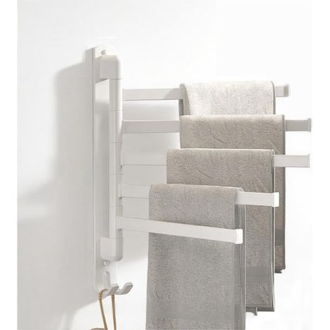 Porte-serviettes mural pivotant – 5 bras avec crochets – Sans perçage – Acier inoxydable – Gain de place pour salle de bain et cuisine – Blanc (1/5)