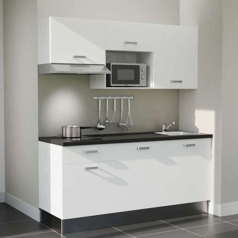 Kochnischen K30L-PT - 180 cm - Laminatplan, spüle Edelstahl, - Weiße Front - strukturierte schwarze Arbeitsplatte - Kredenzen nein + Haushaltsgeräte Edelstahl
