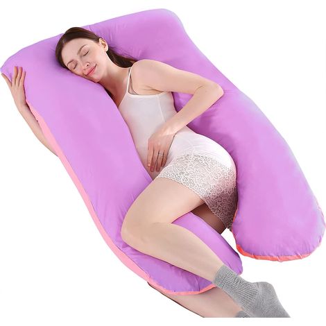 Oreiller de sieste amovible et lavable en forme de U - pur coton - double violet et rose - 70x130cm (1,3kg)-AquaForge (1/5)