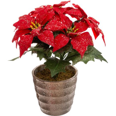 Atmosphera – Plante artificielle Poinsettia rouge pailleté en pot H 22 cm – Polyester et PVC – Décoration festive élégante pour Noël