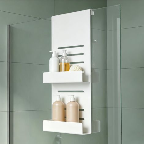 Mai & Mai Mensola Doccia da Appendere in Metallo a 2 ripiani, Mensola Regolabile, con Ganci, senza Fori, Portaoggetti da Appendere per Doccia in Vetro con Spessore 8-10mm, Bianco Sabbia, Oryne-01 (1/5)