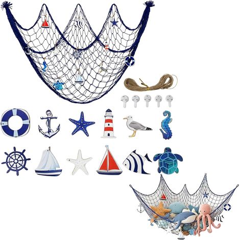 Fish Net Décor Blue Filet de pêche décoratif 100 x 200 cm Décoration murale maritime méditerranéenne avec mouettes, lances et natation – Filet décoratif fait à la main pour la maison, les (1/5)