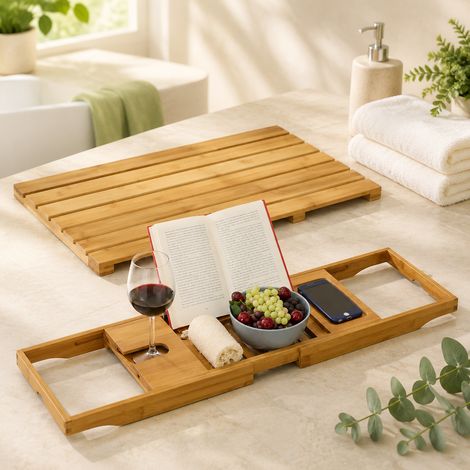 Naturbelassenes Bambus-Badezimmer-Set (2-teilig) – 71,5 cm Badewannenablage & 58 cm rutschfeste Badematte (1/5)