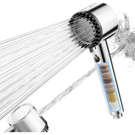 Cobbe Soffione doccia con filtro, soffione doccia ad alta pressione con filtro a 20 fasi, 5 modalità di spruzzo, potente lavaggio integrato per rimuovere il cloro, allevia il prurito cutaneo (Cromo) (1/5)