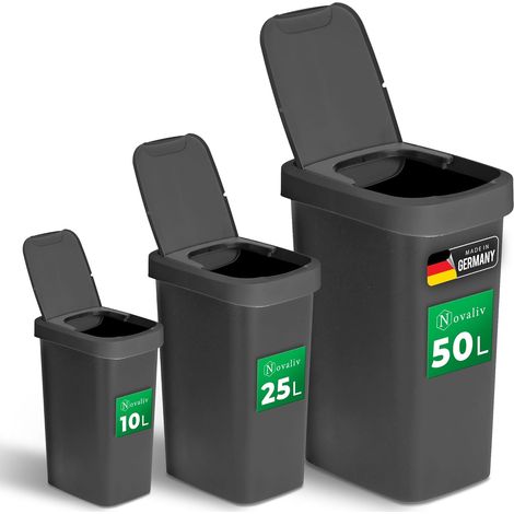 Ensemble de poubelles Novaliv 10L + 25L + 50L, poubelle avec couvercle 2 en 1, couvercle à charnière et couvercle basculant, poubelle anti-odeur pour
