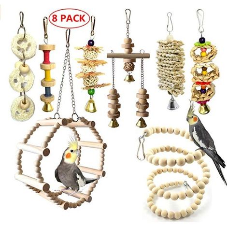 Ensemble de 8 jouets à mâcher pour oiseaux, perroquets, perruches, calopsittes, conures, inséparables, cacatoès, aras, pinsons et autres petits animaux de compagnie. (1/4)