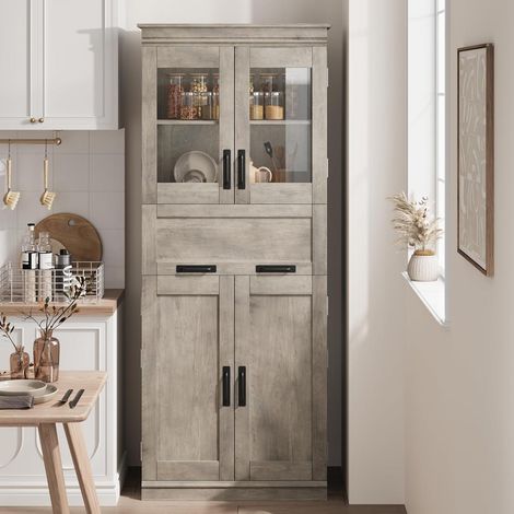 Küchenschrank 170cm Grau mit 2 Holz- & 2 Glastüren, 4 Fächer, Hochziehschublade (1/5)