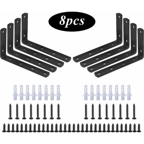 Befestigungswinkel, 8-teiliges Set L-förmiger Winkel aus schwarzem Edelstahl, Regalwinkel 125 mm x 75 mm x 20 mm / Eckverstärkung mit 48 Schrauben und 16 Dübeln – LIAIKI