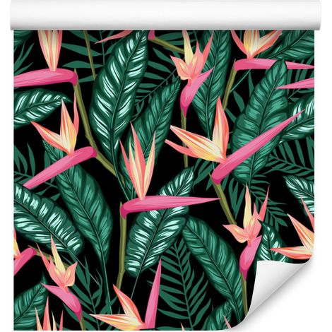 Papel pintado con flores tropicales y hojas de palmera para salón y dormitorio, 50x1000 cm. (1/5)