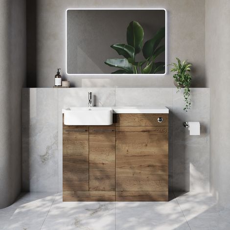 Napoli 250 Tobacco Oak 1000mm 2 Door Vanity Unit Toilet Suite with Left Hand Round Rico Semi Recessed Basin - 1000mm - Chrome 160mm HandleWithout Kingston Toilet Pan