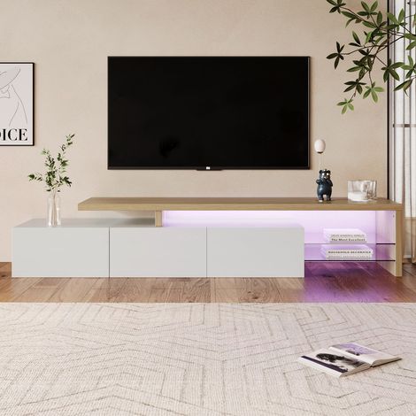 Sureh – Meuble TV moderne avec éclairage LED – Dimensions 200x39x42 cm – 3 portes et 2 étagères en verre – Rangement élégant blanc brillant (1/3)