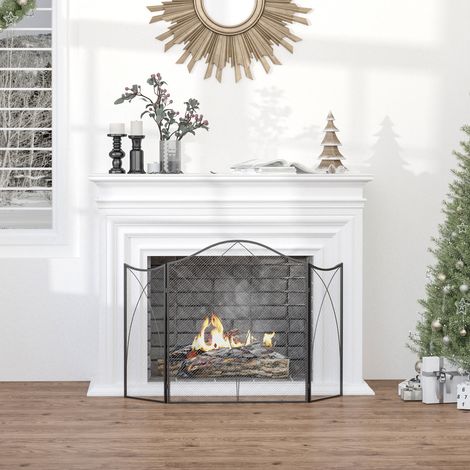 HOMCOM Salvachispas Plegable Pantalla Protectora de Chimenea 3 Paneles con Bisagras y Estructura de Metal Decorativa 108x24x76 cm Negro (1/5)