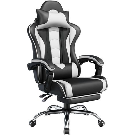 Yaheetech Sedia Gaming Ergonomica Massaggiante Reclinabile con Poggiapiedi Poggiatesta e Supporto Lombare Braccioli Imbottiti in Finta Pelle Poltrona Gamer da Scrivania con Ruote Girevole Bianco (1/5)