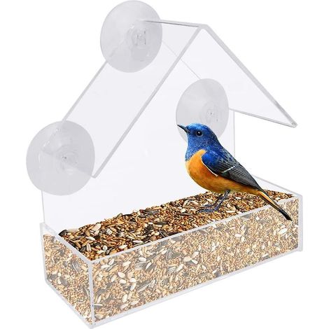 Mangeoire à oiseaux en acrylique transparent, résistante à la pluie, avec plateau coulissant amovible et 3 ventouses.-AquaForge (1/5)
