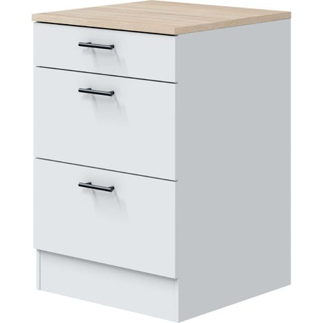 Module de cuisine inférieur Kira 3 tiroirs style moderne blanc brillant et chêne canadien 60x90x60 cm (1/5)