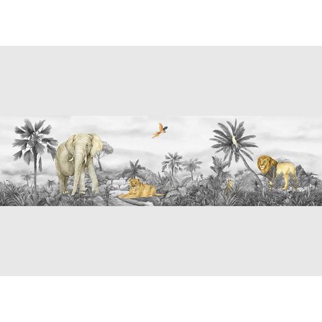 Frise auto-collante Animaux de la jungle lion et éléphant en noir et blanc - 1 rouleau de 0,97 x 5 m (1/5)