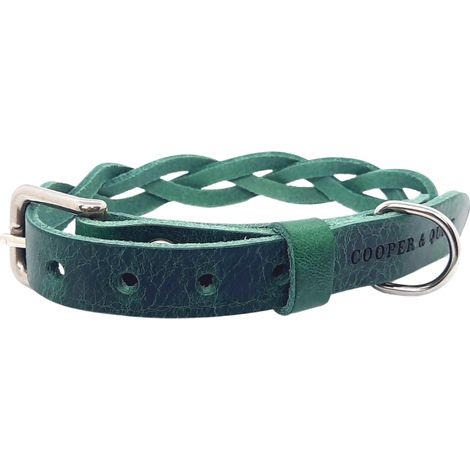 Collier pour Chien en Cuir Tressé Vert - Cuir Tanné Végétal Fait Main Bouclerie Antirouille - PANGIVO