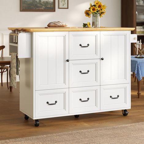 Îlot de cuisine mobile 120 cm avec plateau rabattable, chariot à roulettes, 5 tiroirs, 2 portes, porte-serviettes et rangement épices blanc/noir (1/5)