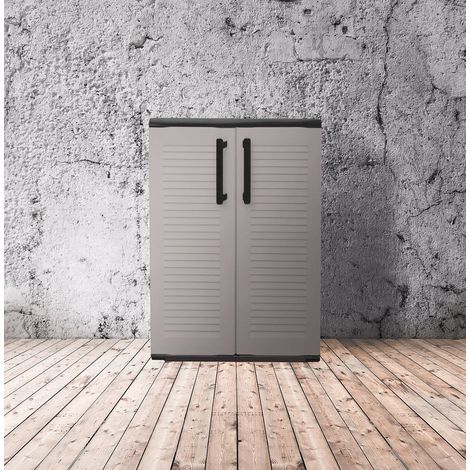 Dmora Mueble para exteriores o interno multiusos, armario bajo con 2 puertas y 1 estante de polipropileno, 100% Made in Italy, 68x37h90 cm, color gris, con embalaje reforzado (1/5)